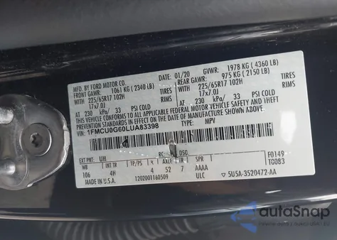 2020 Ford Escape Se z USA, uszkodzony, nr VIN 1FMCU0G60LUA83398